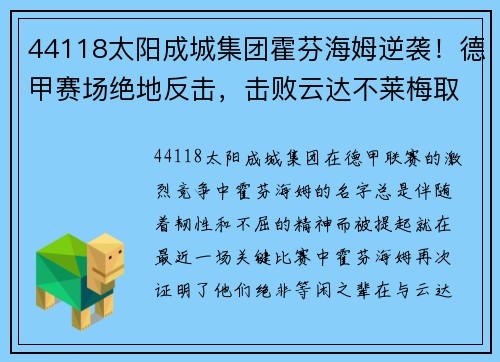 44118太阳成城集团霍芬海姆逆袭！德甲赛场绝地反击，击败云达不莱梅取得胜利 - 副本