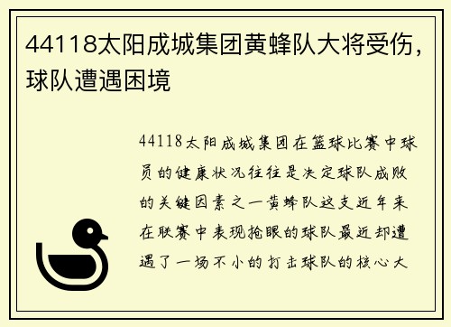 44118太阳成城集团黄蜂队大将受伤，球队遭遇困境