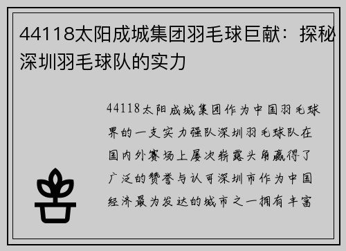 44118太阳成城集团羽毛球巨献：探秘深圳羽毛球队的实力