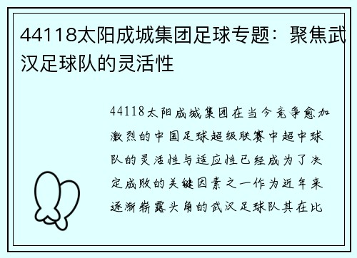 44118太阳成城集团足球专题：聚焦武汉足球队的灵活性