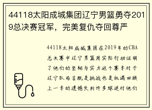 44118太阳成城集团辽宁男篮勇夺2019总决赛冠军，完美复仇夺回尊严