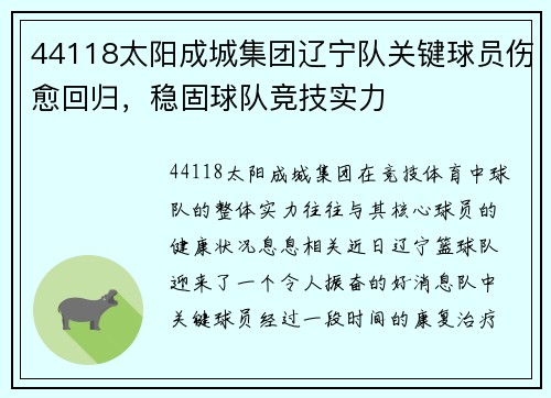 44118太阳成城集团辽宁队关键球员伤愈回归，稳固球队竞技实力