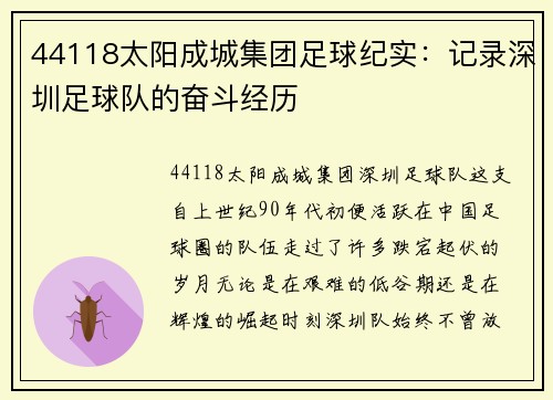 44118太阳成城集团足球纪实：记录深圳足球队的奋斗经历